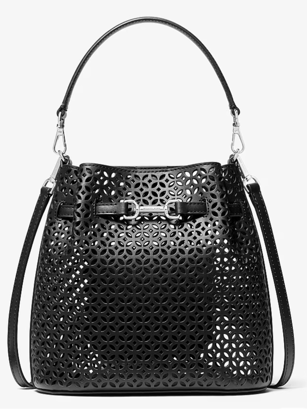 NWT MICHAEL KORS Carson Small Floral Laser-Cut Bucket Bag in Black - Picture 2 of 14